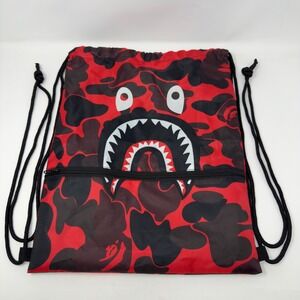 BAPE Shark Drawstring Backpack Red Black Camo Zipper Pocket Streetwear Bag